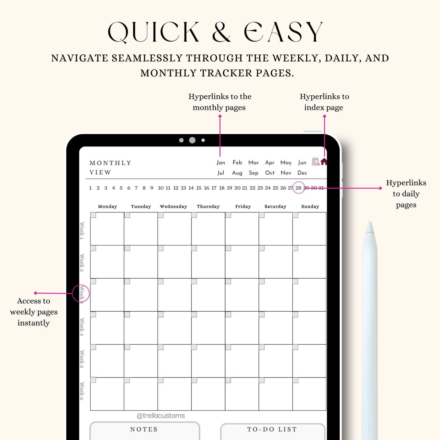 Undated digital planner showcasing the monthly overview for weekly, daily, and monthly pages.