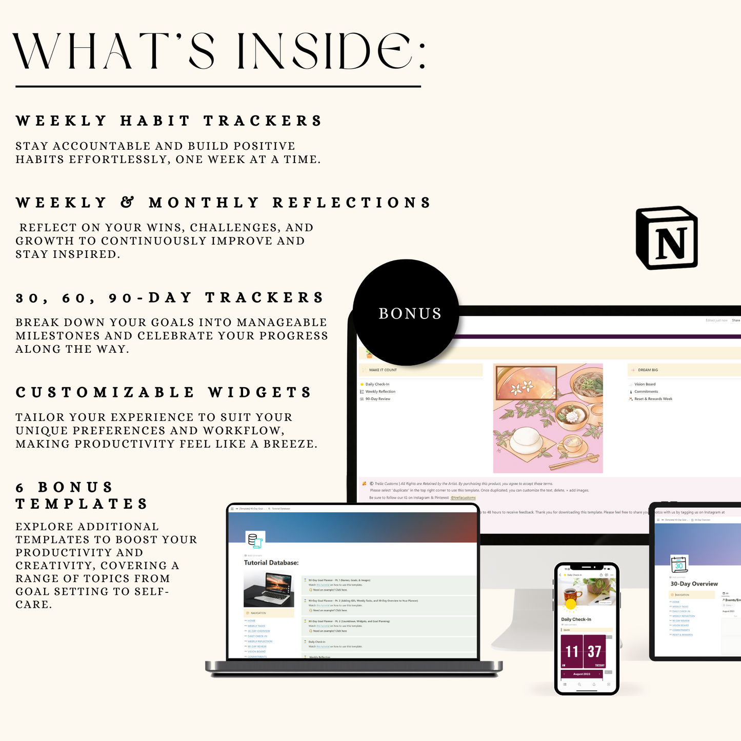 detailed page on what is included into the Notion template