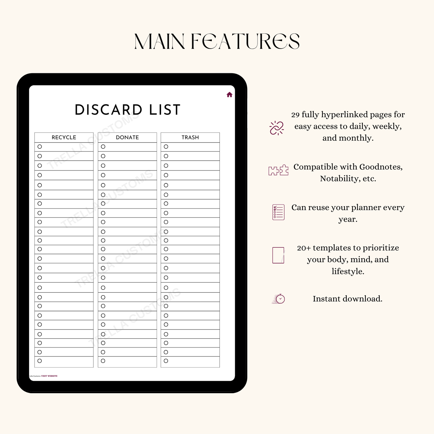 Main features for the cleaning and declutter planner.