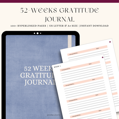52 Weeks Gratitude Journal on iPad device with preview of layout pages. 