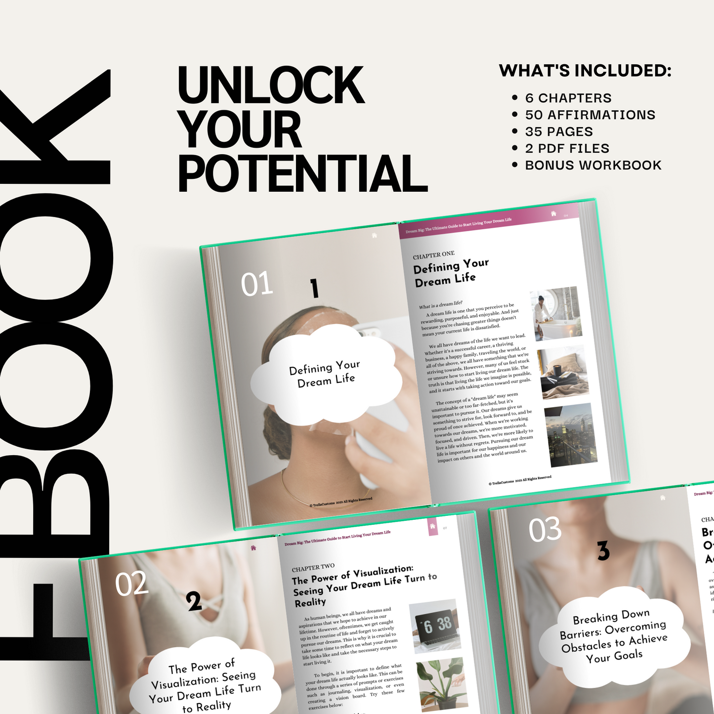 Showcasing multiple chapters in the center and what is included with bonus workbook in the top right hand corner. 