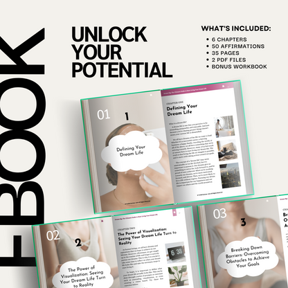 Showcasing multiple chapters in the center and what is included with bonus workbook in the top right hand corner. 