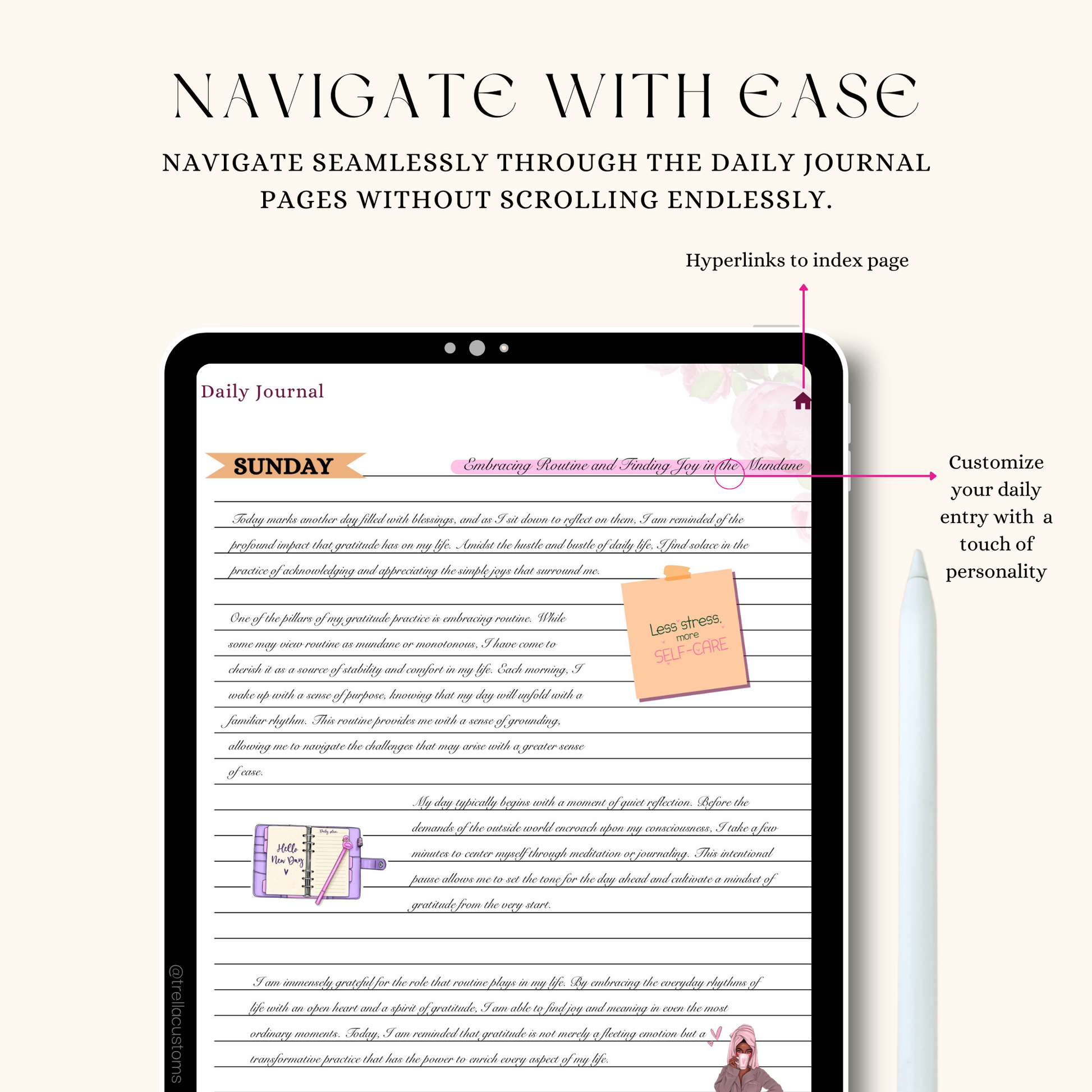 Daily journal entry page on iPad device with Apple pencil to express thoughts and reflect on habits daily.