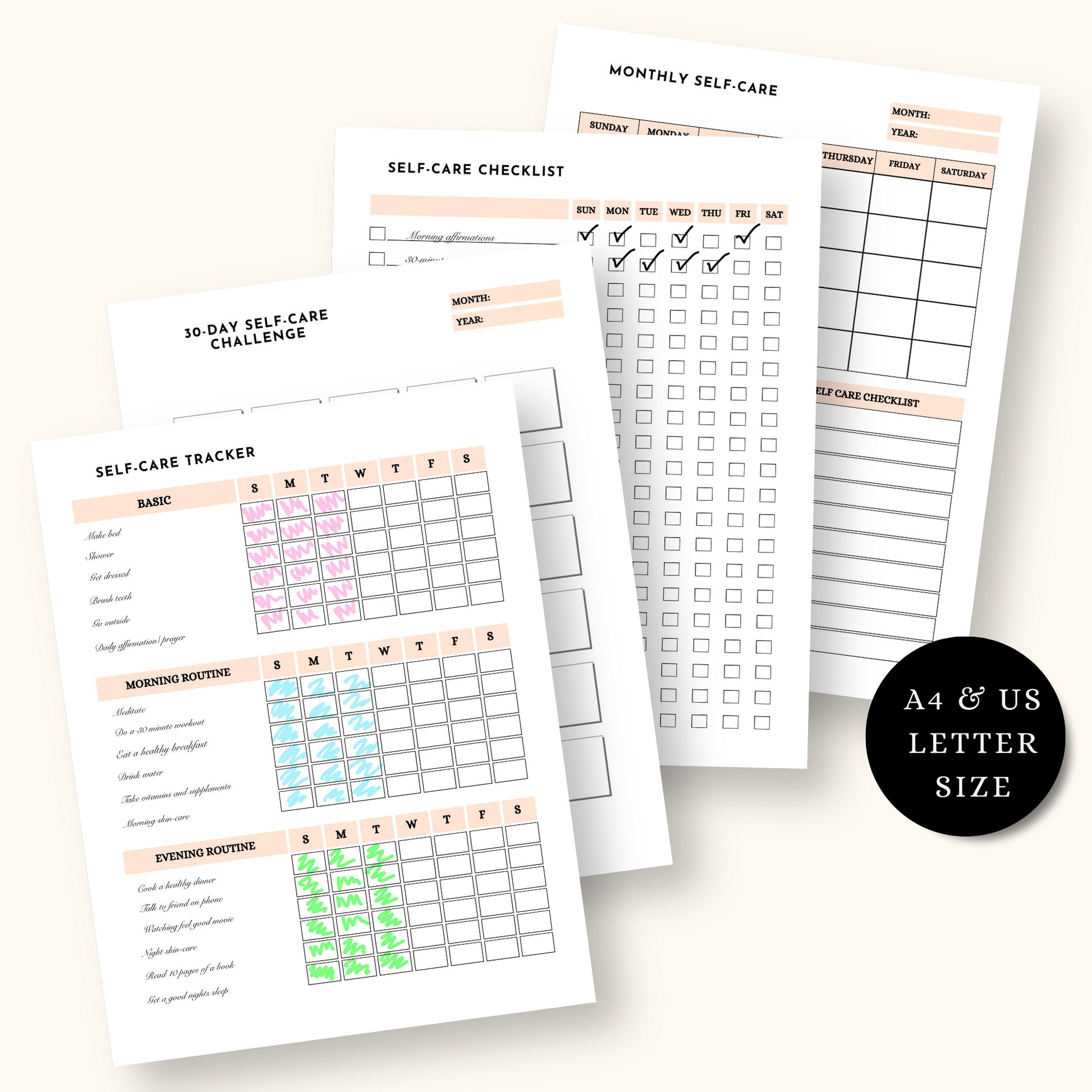 Mutiple sizes for the self-care checklists ranging from A4 to US letter sizes.