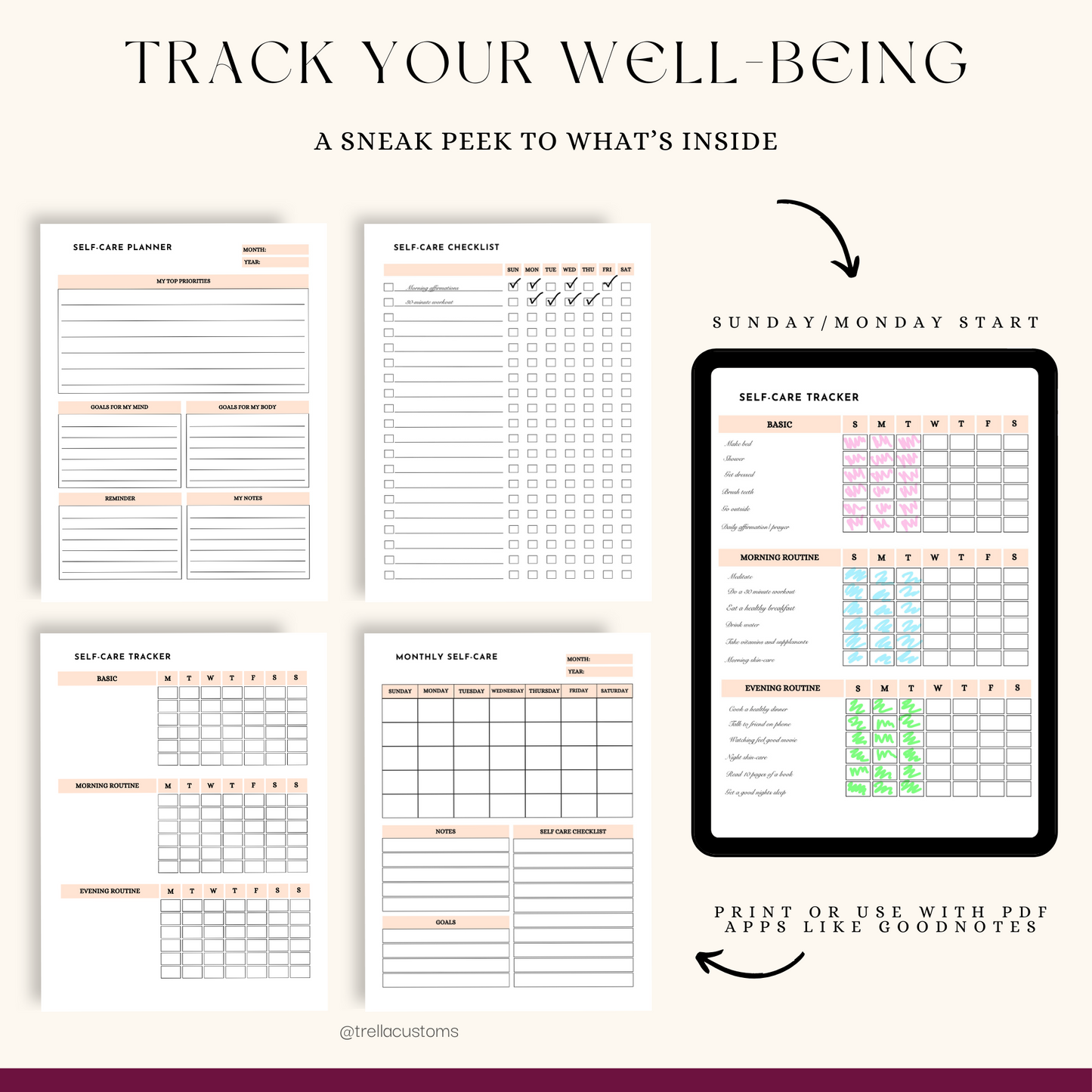 A sneak peek to the different tracjers for self-care with a Monday and Sunday start.