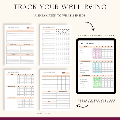 A sneak peek to the different tracjers for self-care with a Monday and Sunday start.